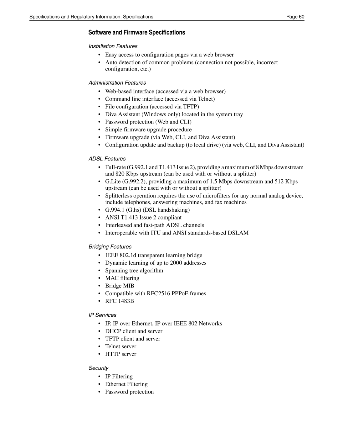 Eicon Networks Diva 2430 manual Software and Firmware Specifications 