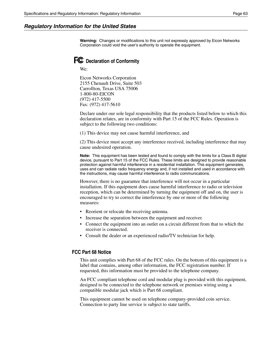 Eicon Networks Diva 2430 manual Regulatory Information for the United States, Declaration of Conformity, FCC Part 68 Notice 