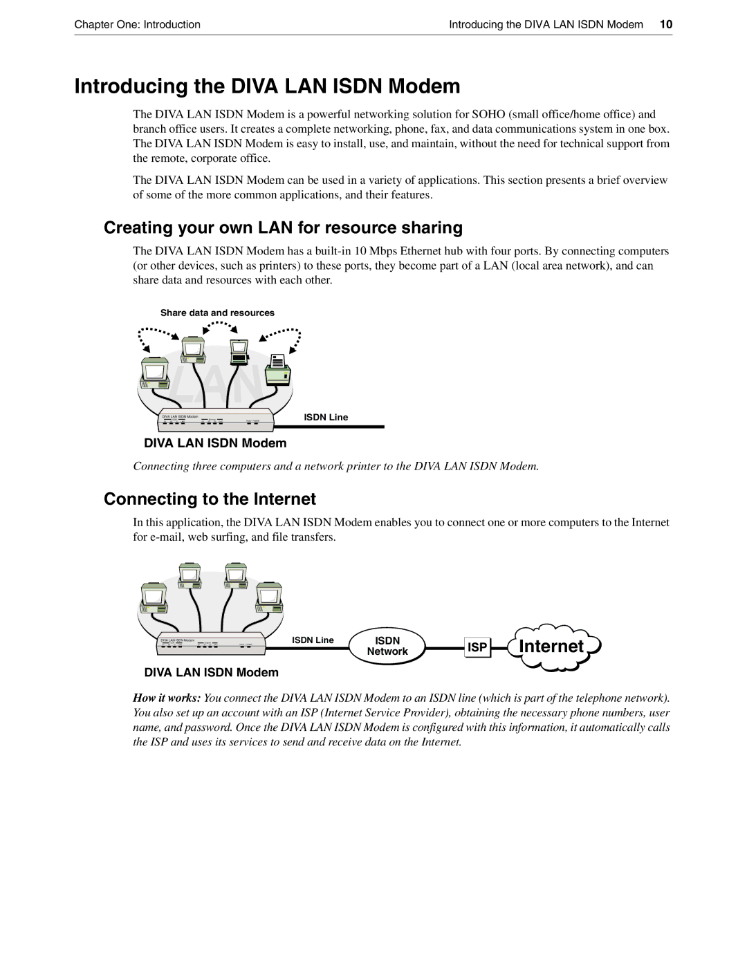 Eicon Networks DIVA LAN ISDN manual Introducing the Diva LAN Isdn Modem, Creating your own LAN for resource sharing 