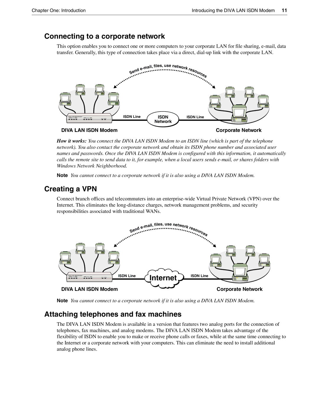 Eicon Networks DIVA LAN ISDN Connecting to a corporate network, Creating a VPN, Attaching telephones and fax machines 