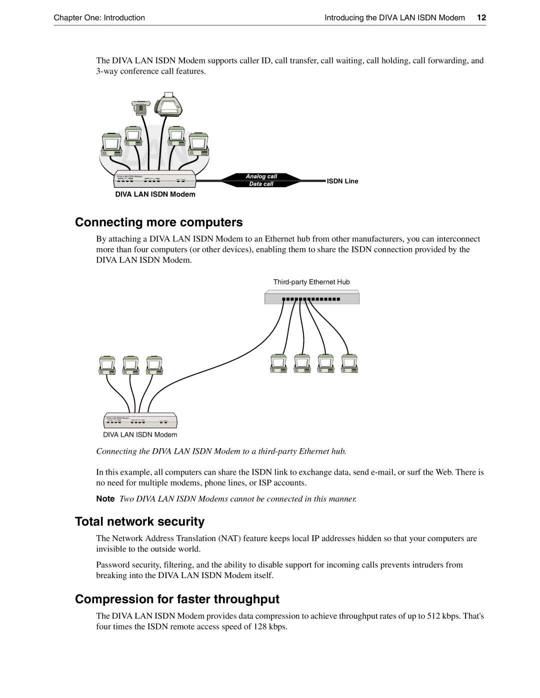 Eicon Networks DIVA LAN ISDN manual Connecting more computers, Total network security, Compression for faster throughput 