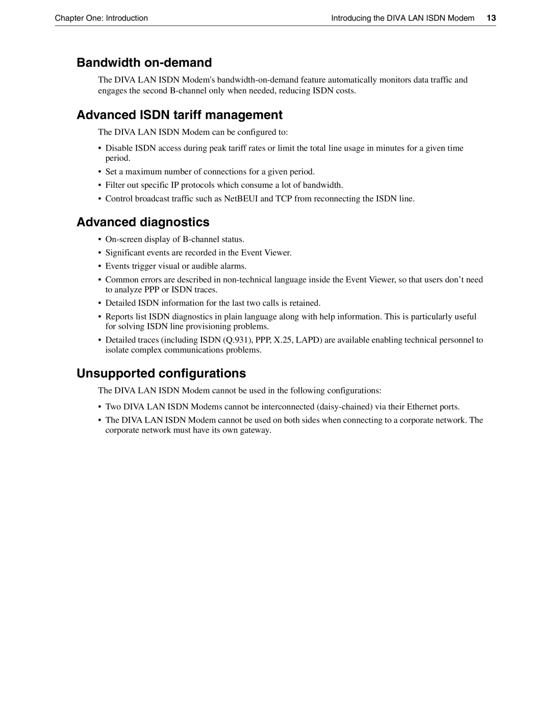 Eicon Networks DIVA LAN ISDN manual Bandwidth on-demand, Advanced Isdn tariff management, Advanced diagnostics 