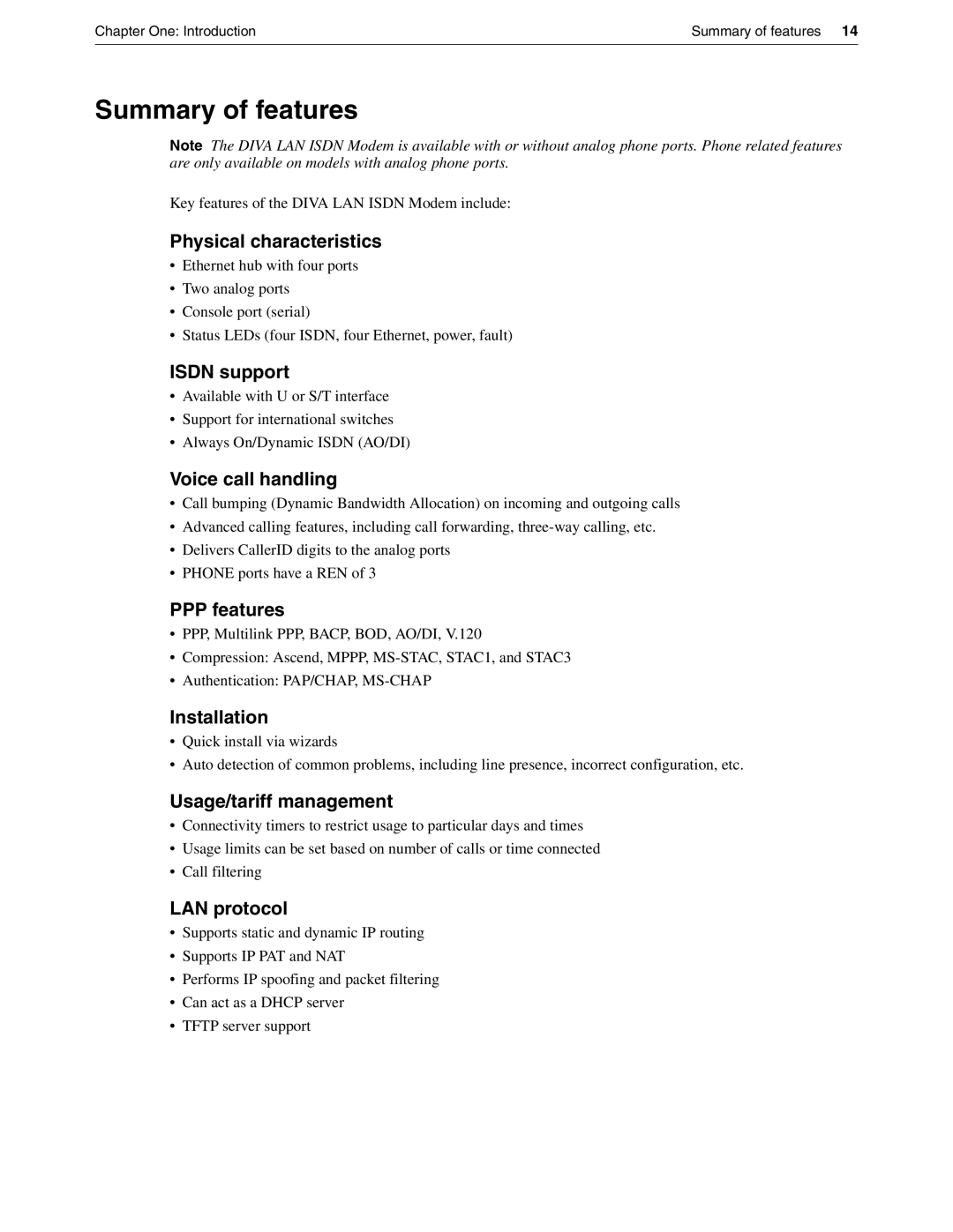 Eicon Networks DIVA LAN ISDN manual Summary of features 