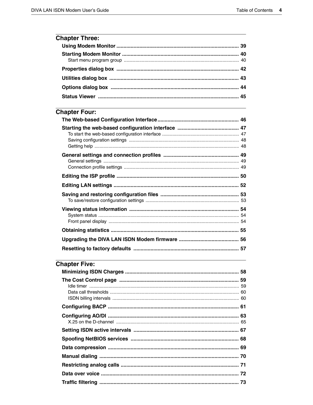 Eicon Networks DIVA LAN ISDN manual Chapter Three, Chapter Four, Chapter Five 