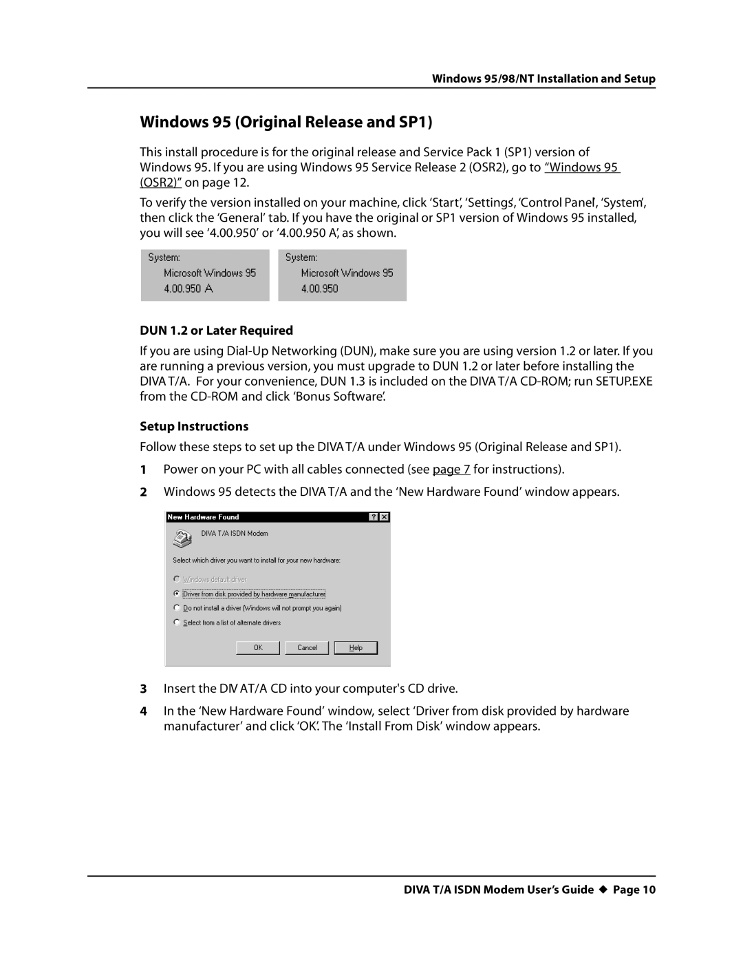 Eicon Networks DIVA T/A ISDN manual Windows 95 Original Release and SP1, DUN 1.2 or Later Required, Setup Instructions 