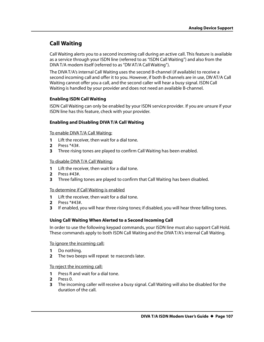 Eicon Networks DIVA T/A ISDN manual Enabling Isdn Call Waiting, Enabling and Disabling DIVAT/A Call Waiting 