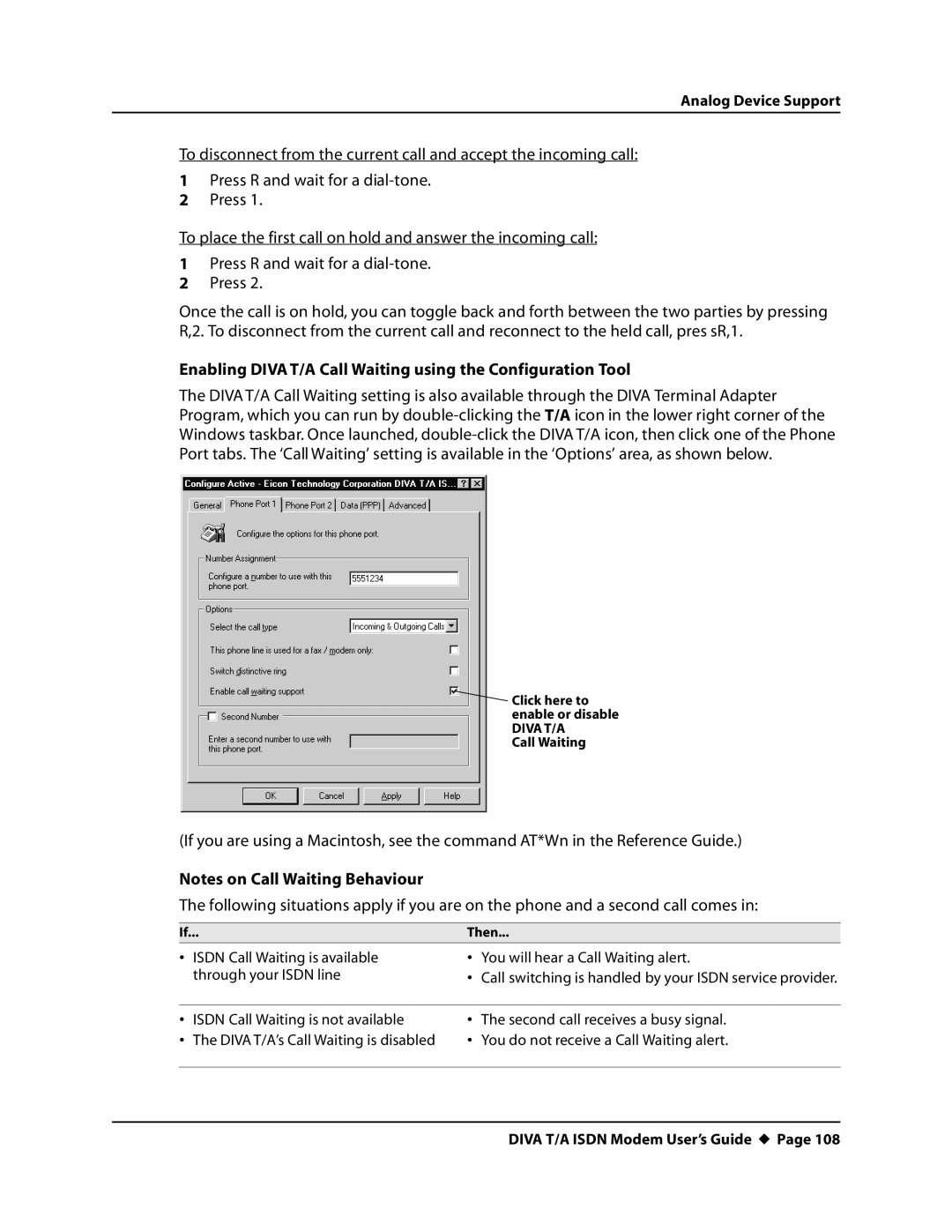 Eicon Networks DIVA T/A ISDN manual Enabling DIVAT/A Call Waiting using the Configuration Tool 