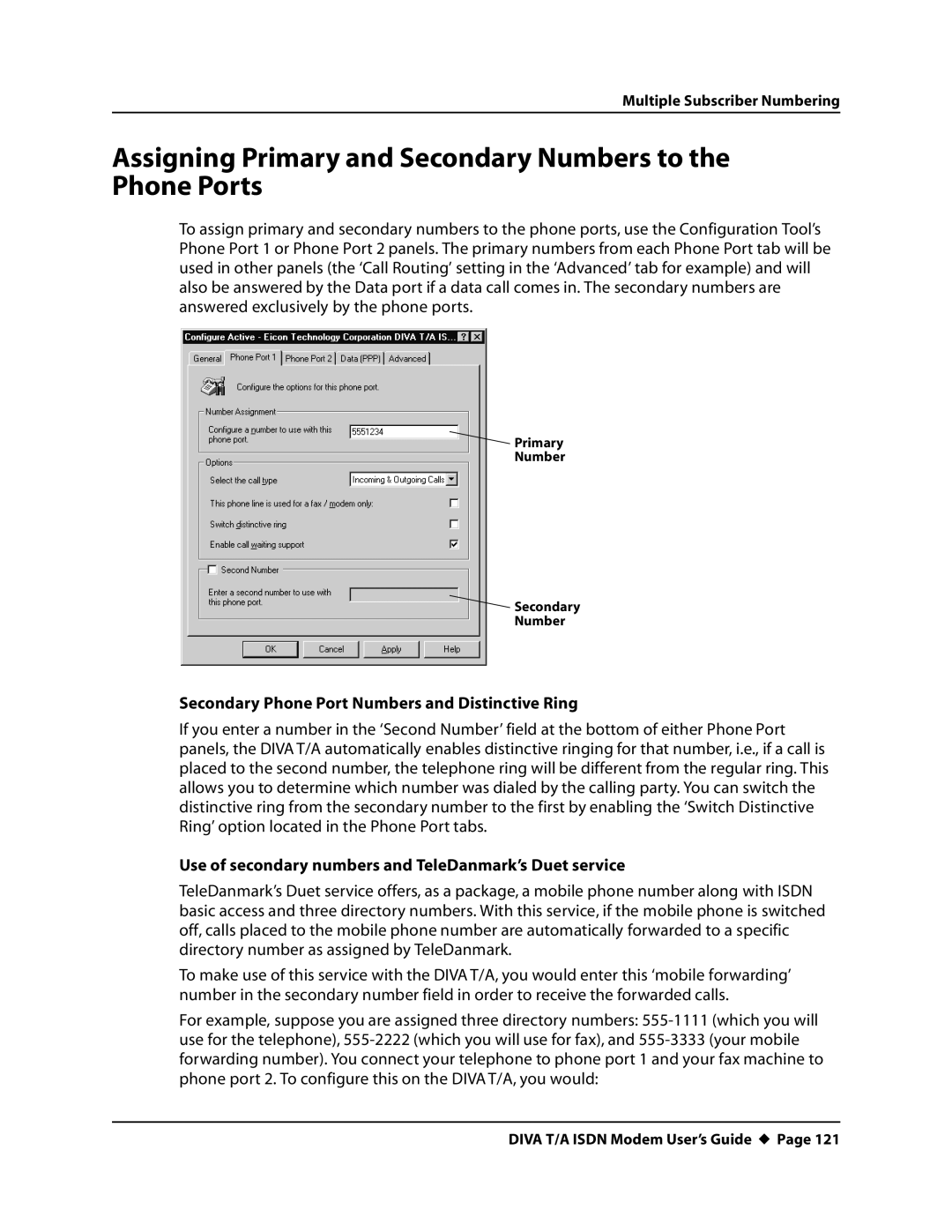 Eicon Networks DIVA T/A ISDN manual Assigning Primary and Secondary Numbers to the Phone Ports 