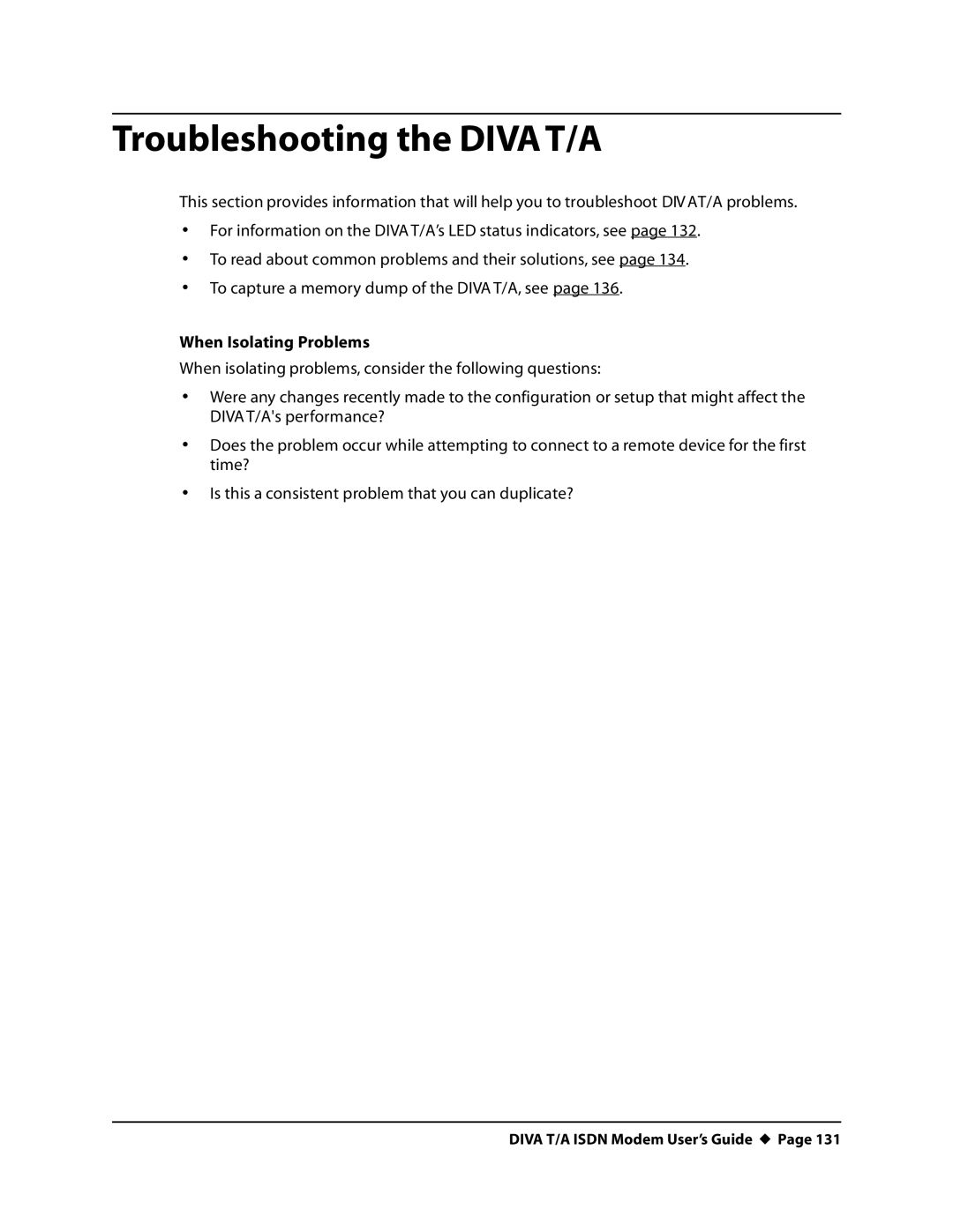 Eicon Networks DIVA T/A ISDN manual Troubleshooting the DIVAT/A, When Isolating Problems 