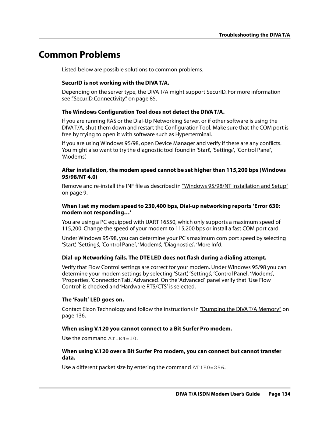 Eicon Networks DIVA T/A ISDN manual Common Problems, SecurID is not working with the DIVAT/A, ‘Fault’ LED goes on 