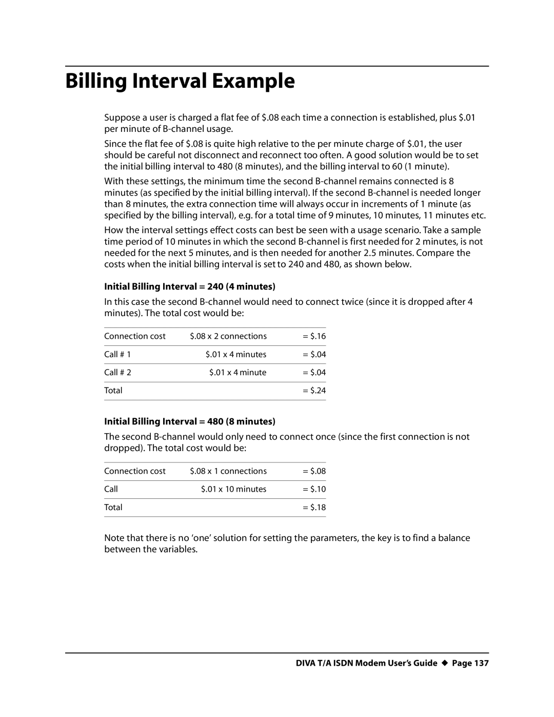 Eicon Networks DIVA T/A ISDN manual Billing Interval Example, Initial Billing Interval = 240 4 minutes 