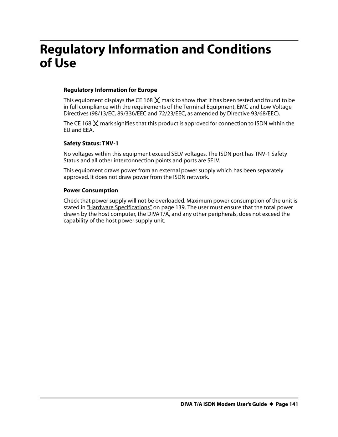 Eicon Networks DIVA T/A ISDN manual Regulatory Information and Conditions of Use, Regulatory Information for Europe 