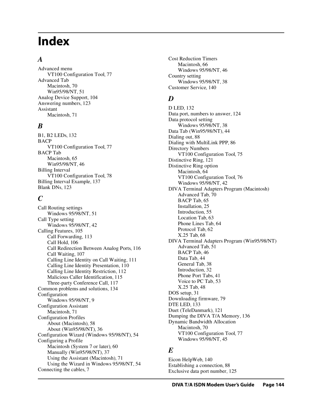 Eicon Networks DIVA T/A ISDN manual Index, Bacp 