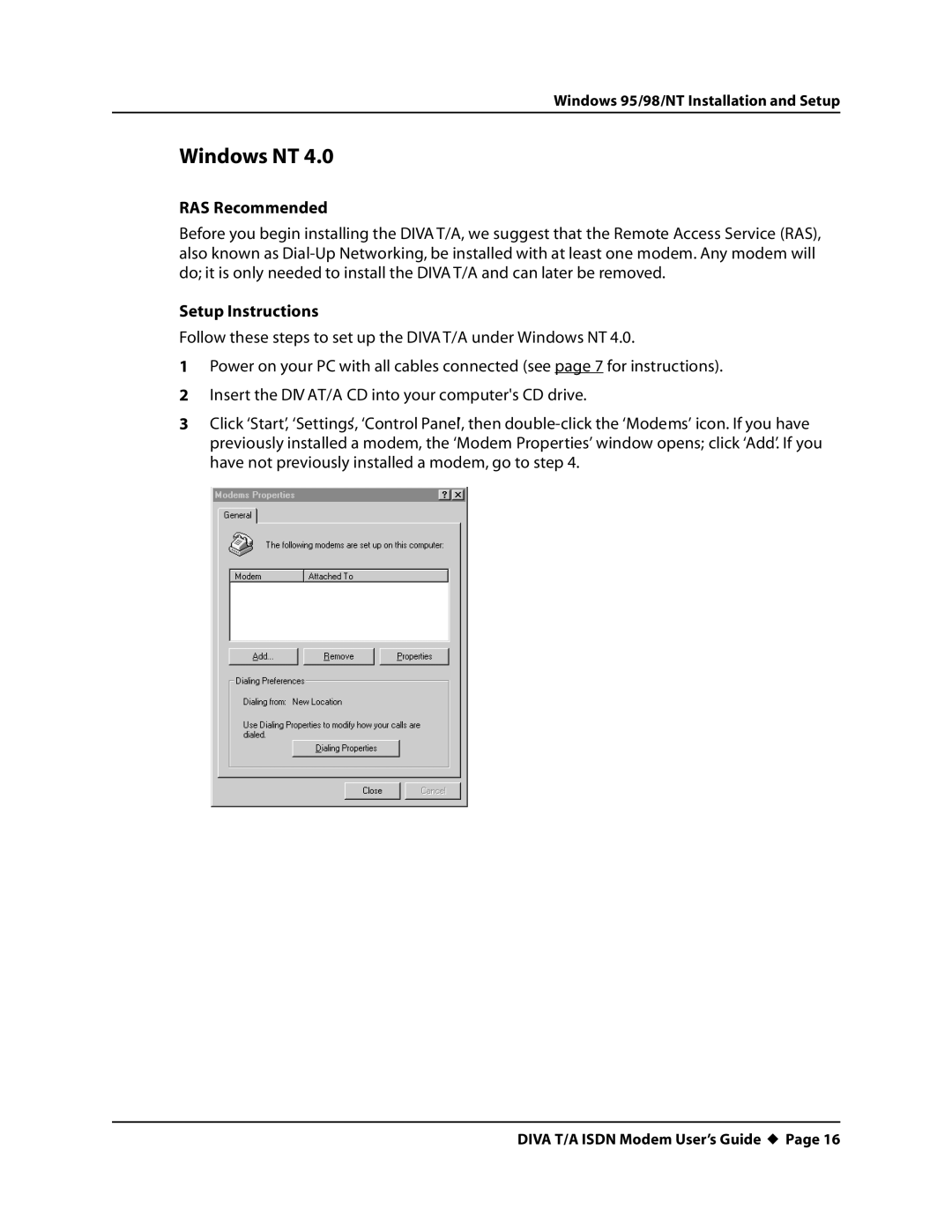 Eicon Networks DIVA T/A ISDN manual Windows NT, RAS Recommended 