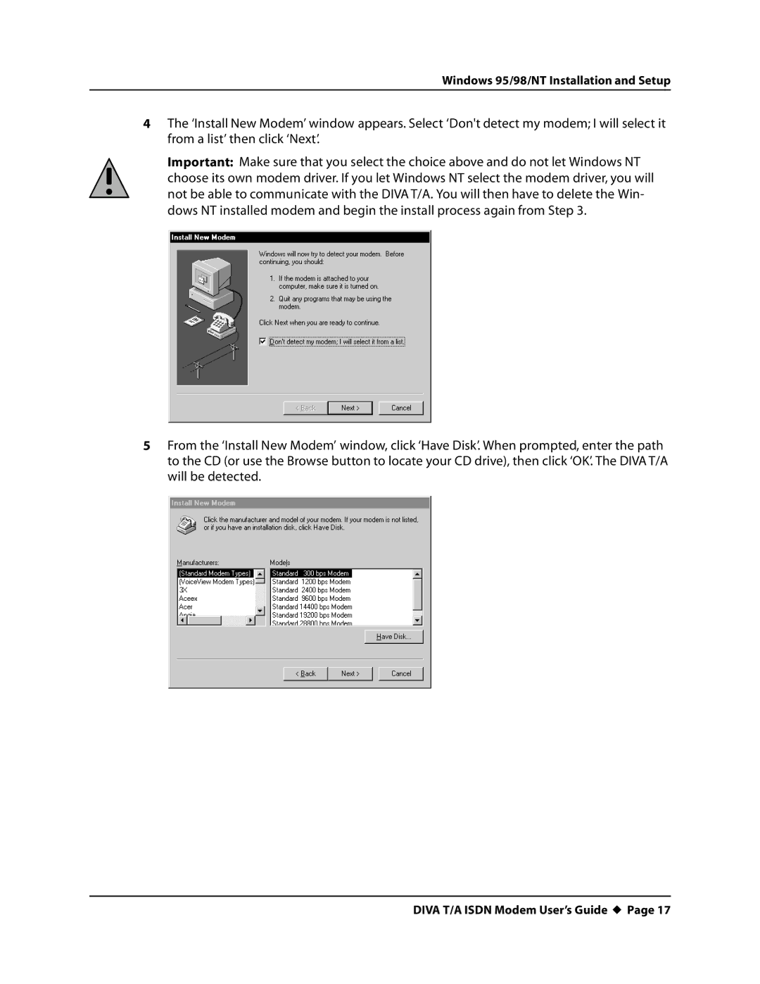 Eicon Networks DIVA T/A ISDN manual Windows 95/98/NT Installation and Setup 