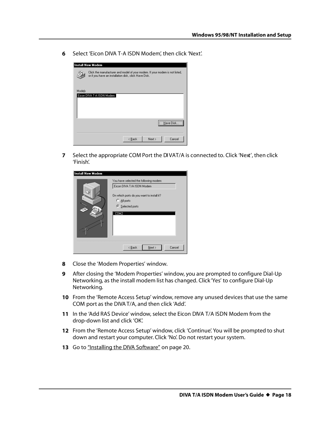 Eicon Networks DIVA T/A ISDN manual Windows 95/98/NT Installation and Setup 