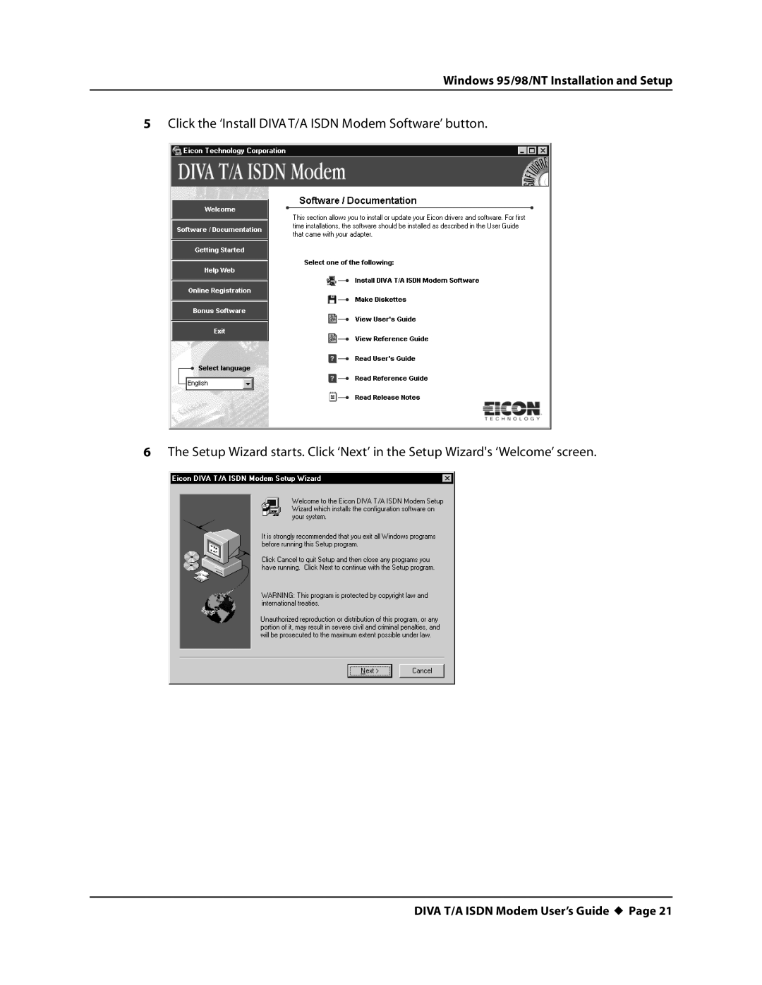 Eicon Networks DIVA T/A ISDN manual Windows 95/98/NT Installation and Setup 