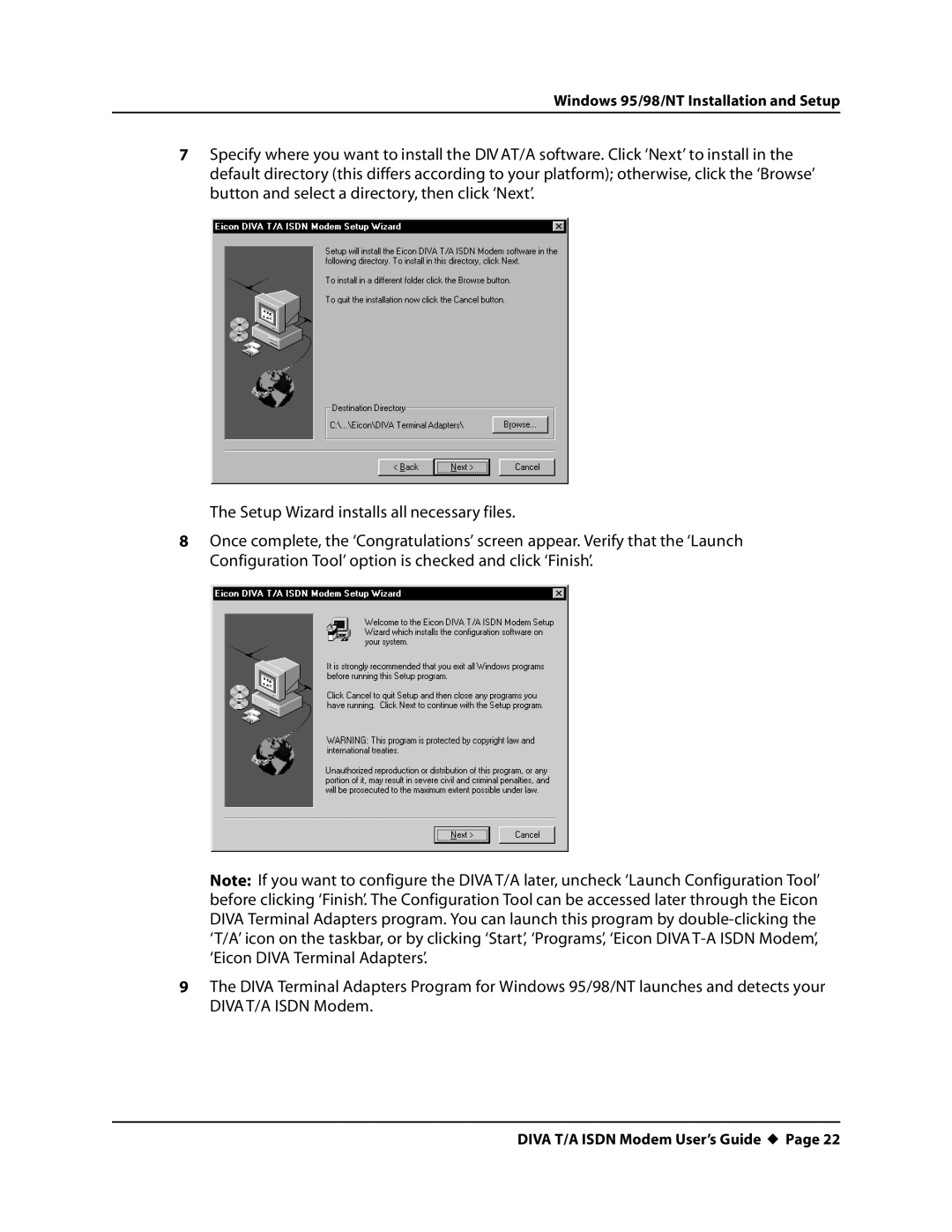 Eicon Networks DIVA T/A ISDN manual Windows 95/98/NT Installation and Setup 