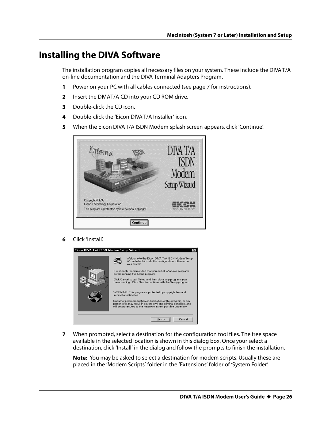 Eicon Networks DIVA T/A ISDN manual Macintosh System 7 or Later Installation and Setup 