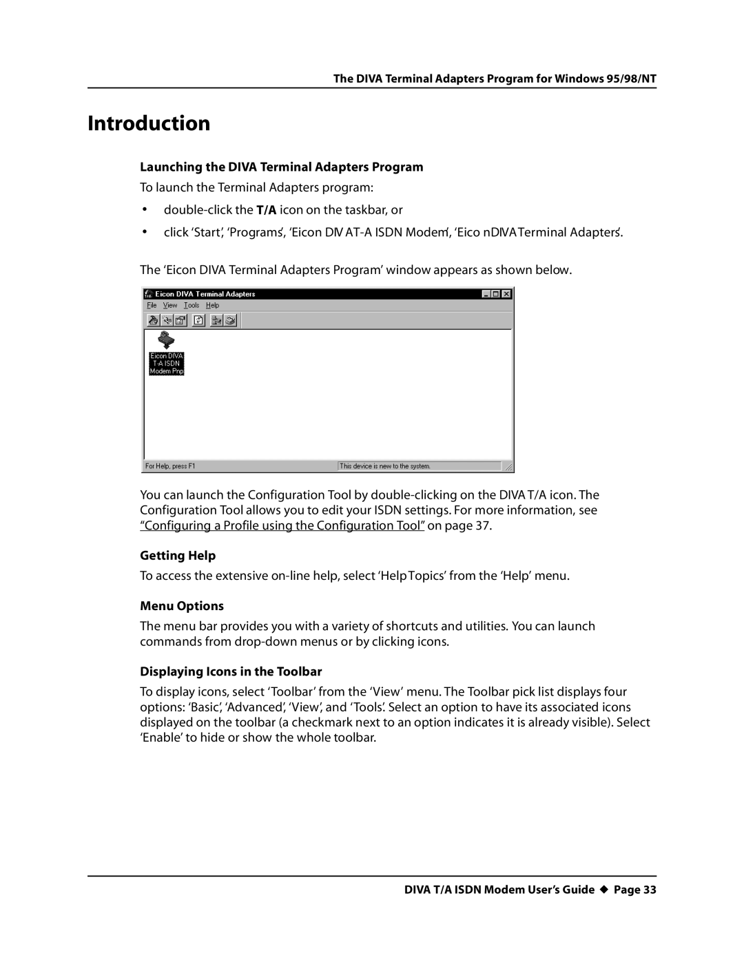 Eicon Networks DIVA T/A ISDN manual Introduction, Launching the Diva Terminal Adapters Program, Getting Help, Menu Options 