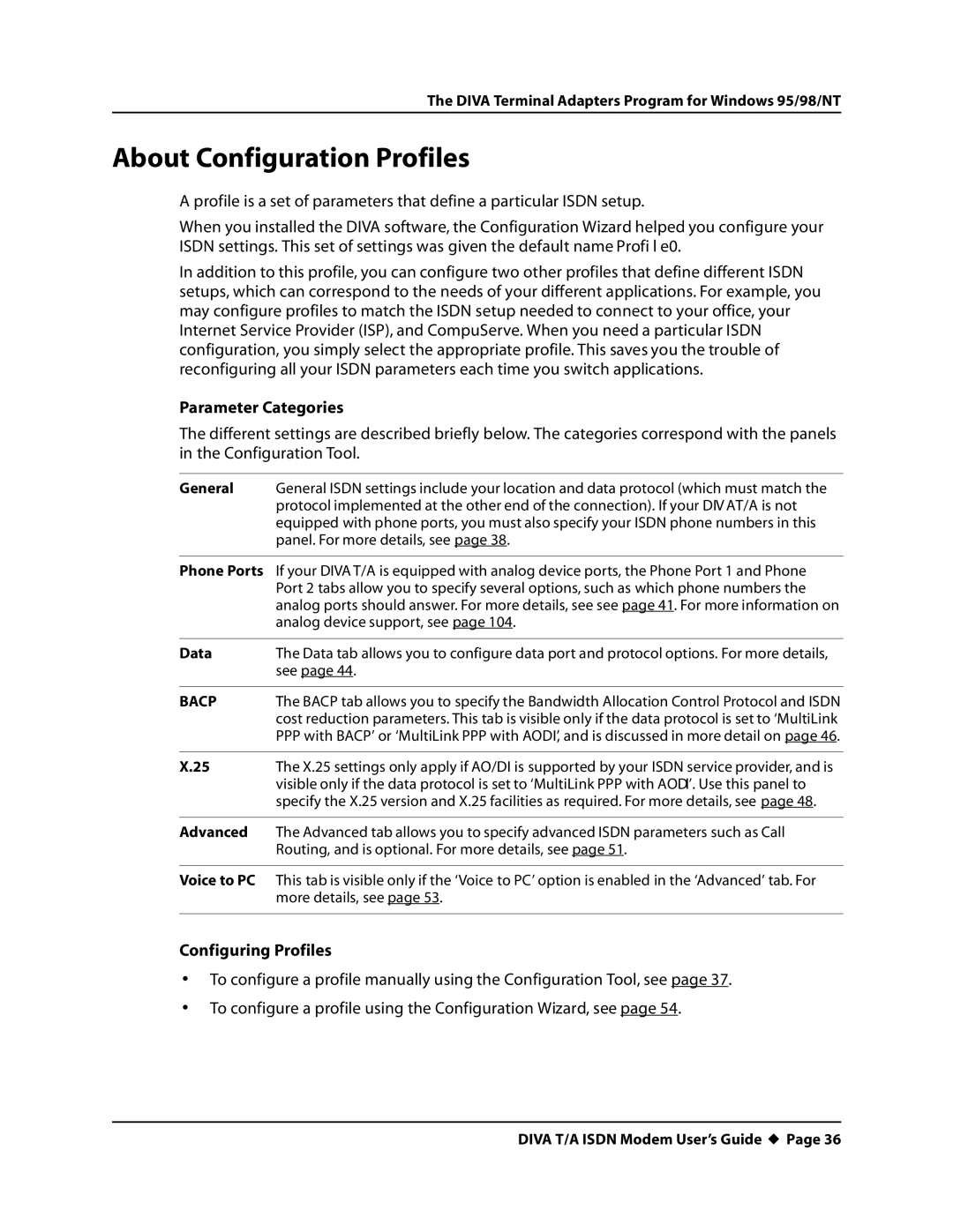 Eicon Networks DIVA T/A ISDN manual About Configuration Profiles, Parameter Categories, Configuring Profiles 