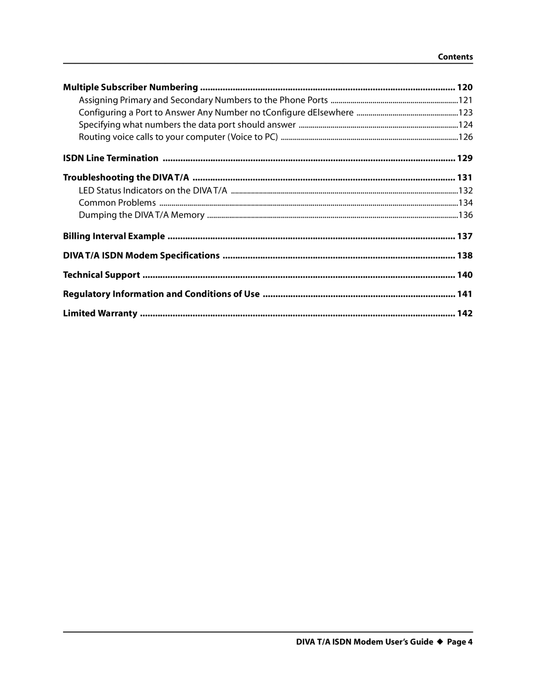 Eicon Networks DIVA T/A ISDN manual 120, 121, 123, 124, 126, 129, 131, 132, 134, 136, 137, 138, 140, 141, 142 