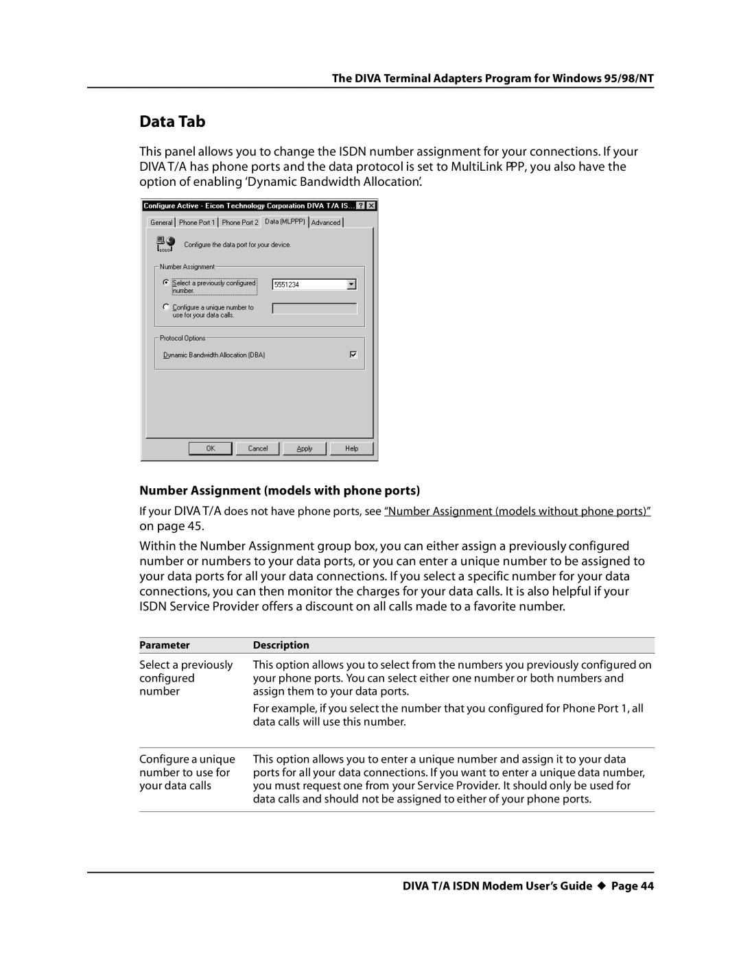 Eicon Networks DIVA T/A ISDN manual Data Tab, Number Assignment models with phone ports 