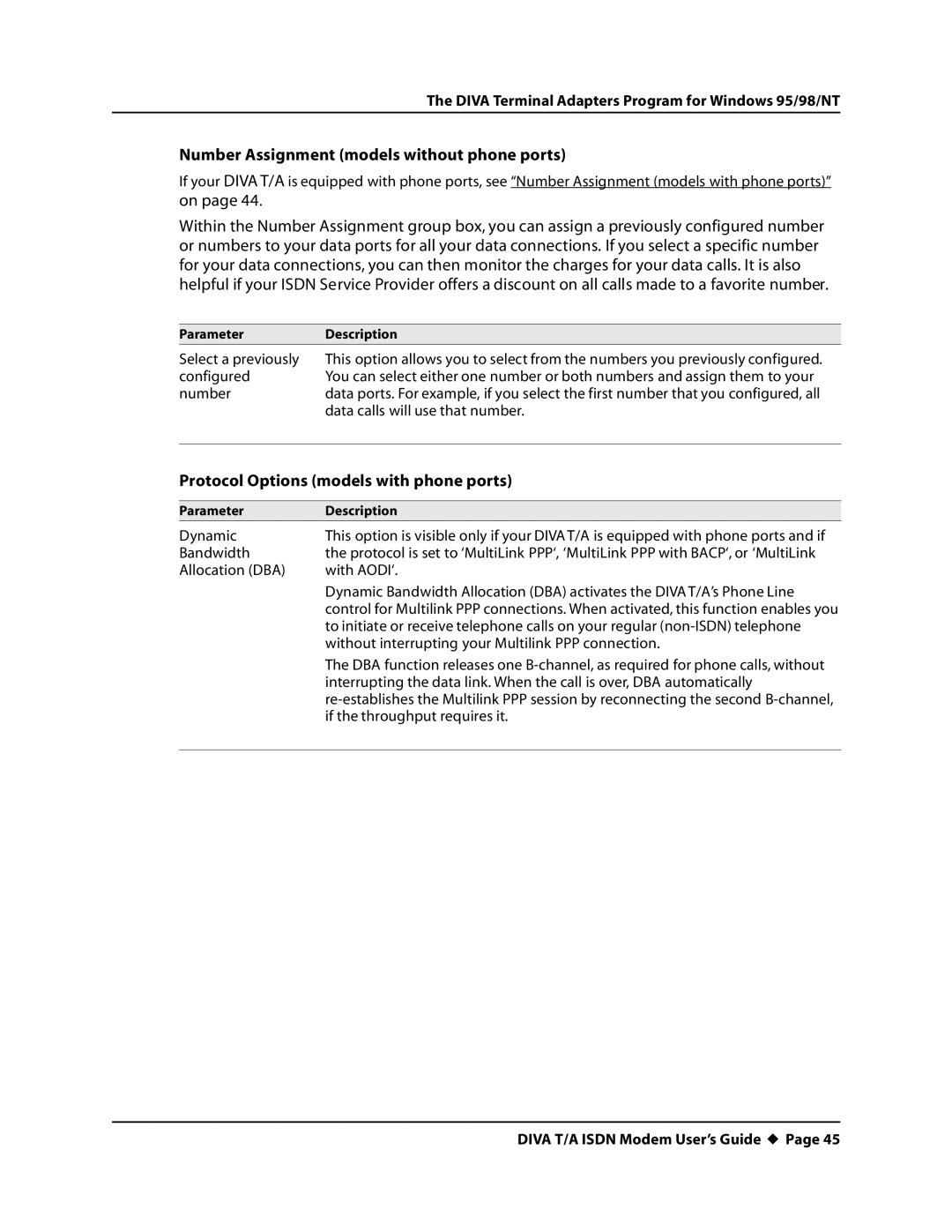 Eicon Networks DIVA T/A ISDN manual Number Assignment models without phone ports, Protocol Options models with phone ports 