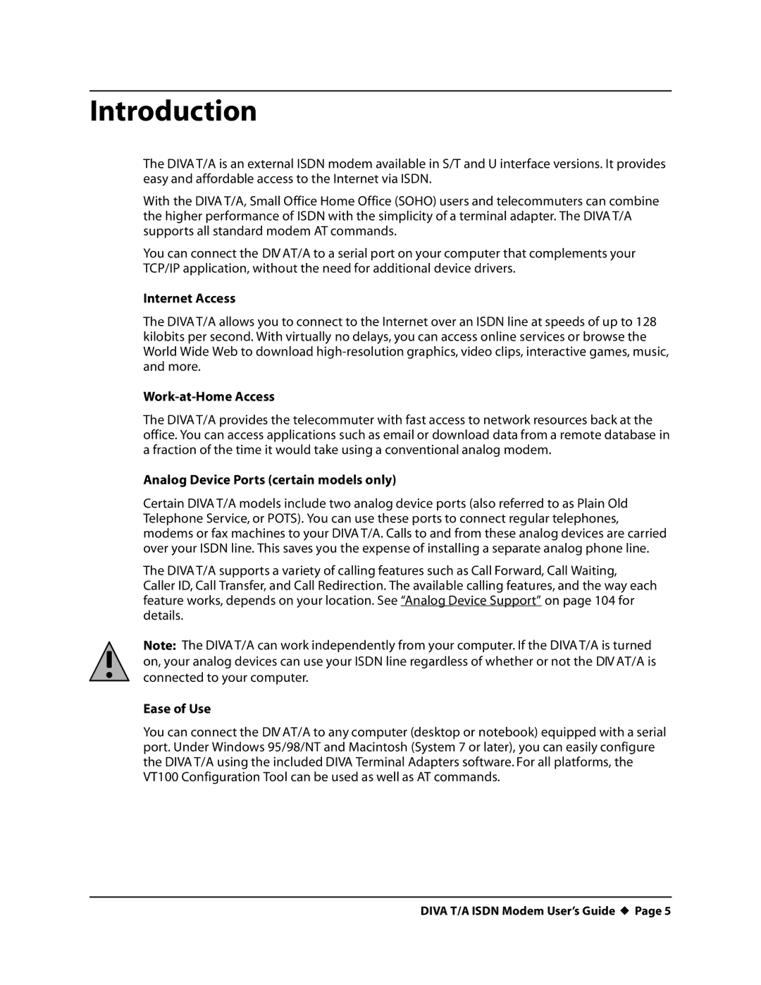 Eicon Networks DIVA T/A ISDN Introduction, Internet Access, Work-at-Home Access, Analog Device Ports certain models only 