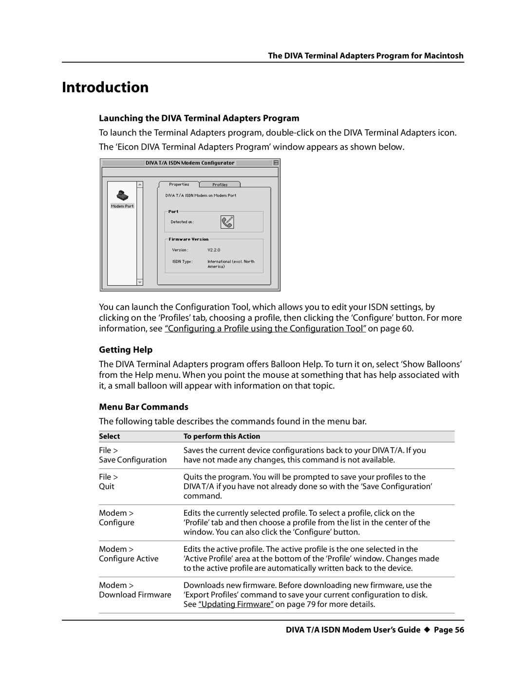 Eicon Networks DIVA T/A ISDN manual Introduction, Menu Bar Commands 