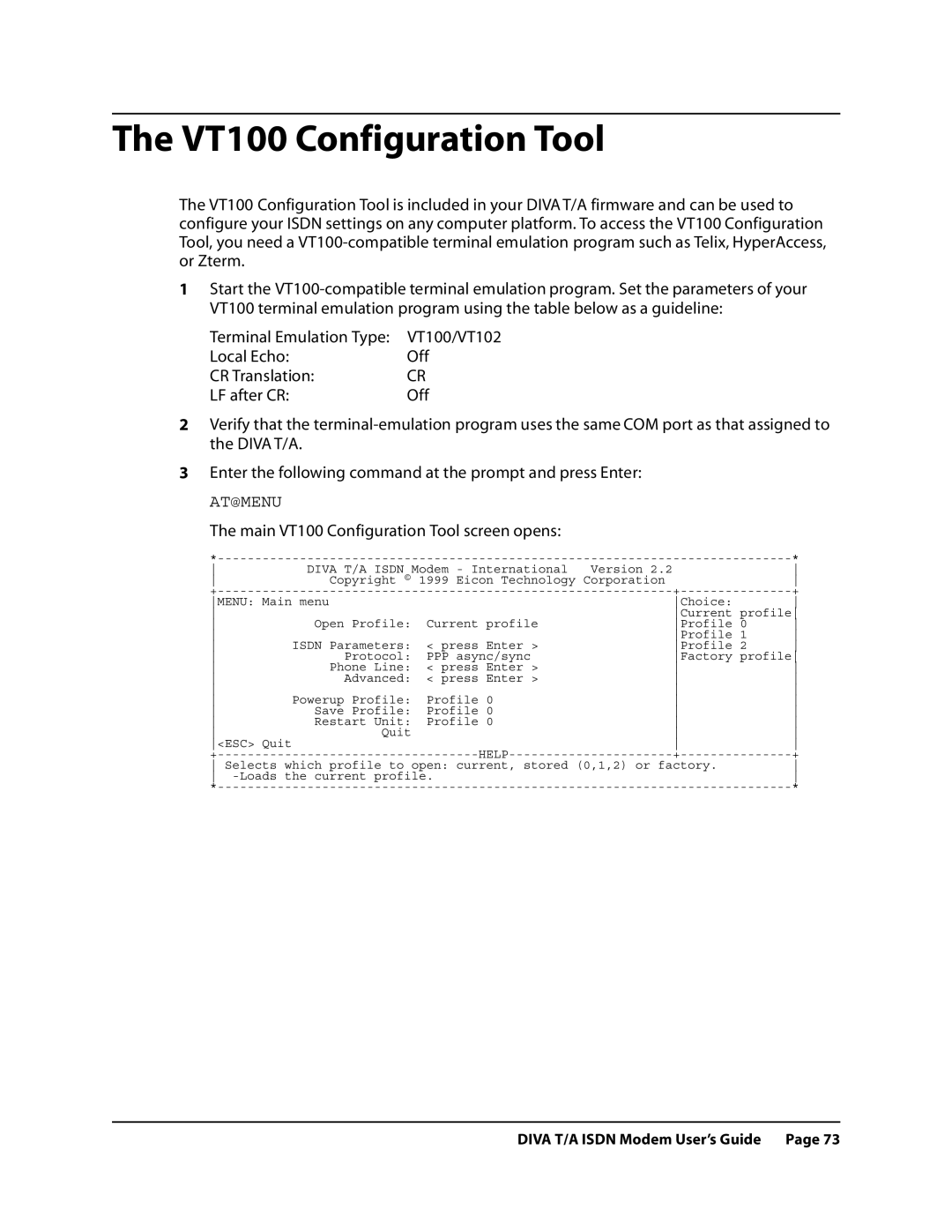 Eicon Networks DIVA T/A ISDN manual VT100 Configuration Tool, At@Menu 