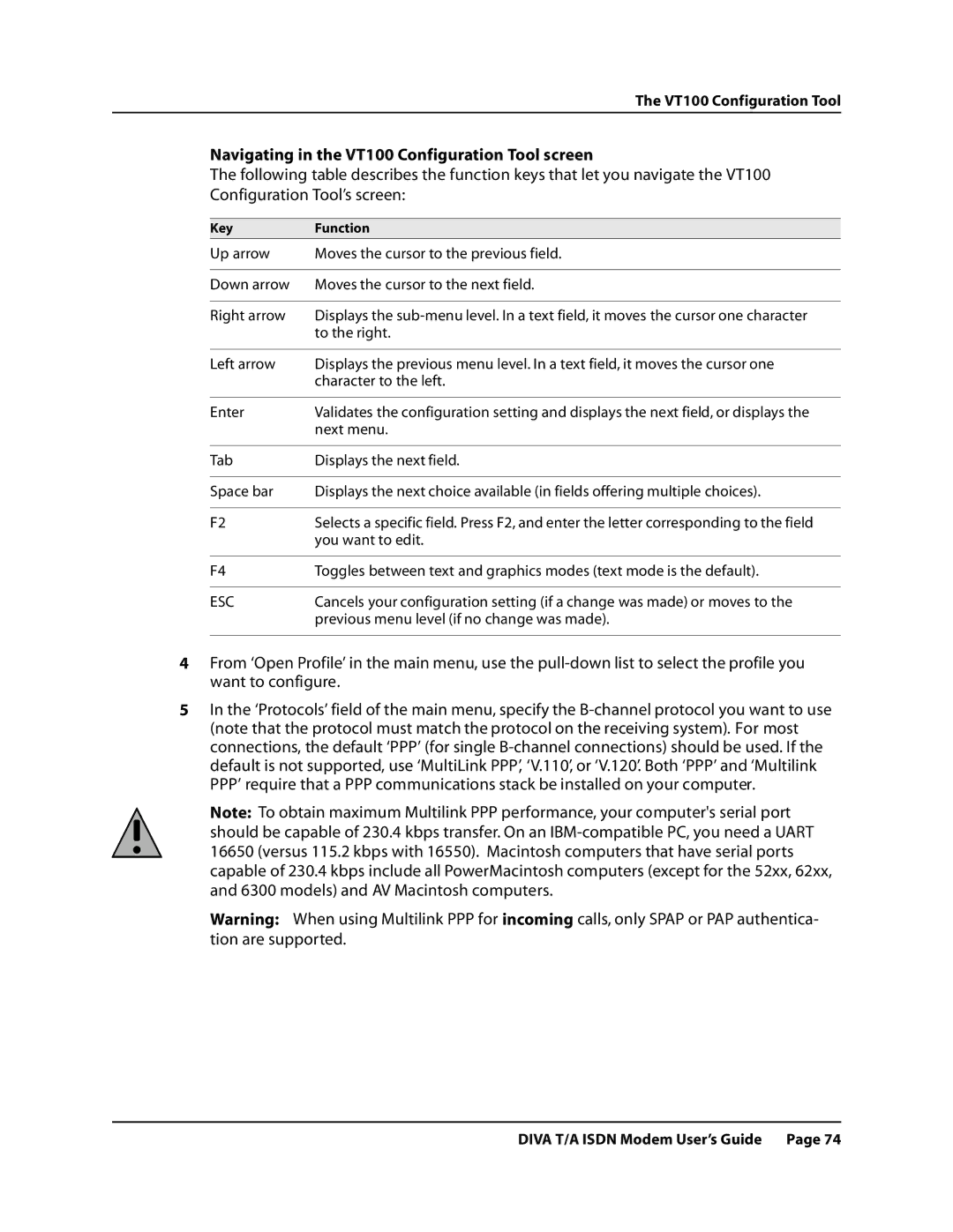 Eicon Networks DIVA T/A ISDN manual Navigating in the VT100 Configuration Tool screen, Esc 