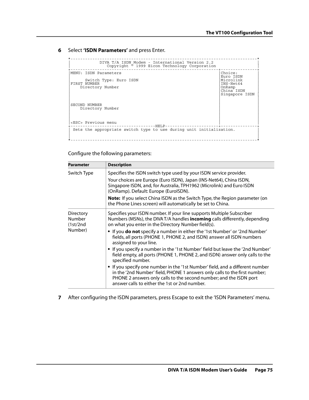 Eicon Networks DIVA T/A ISDN manual Select ‘ISDN Parameters’ and press Enter 