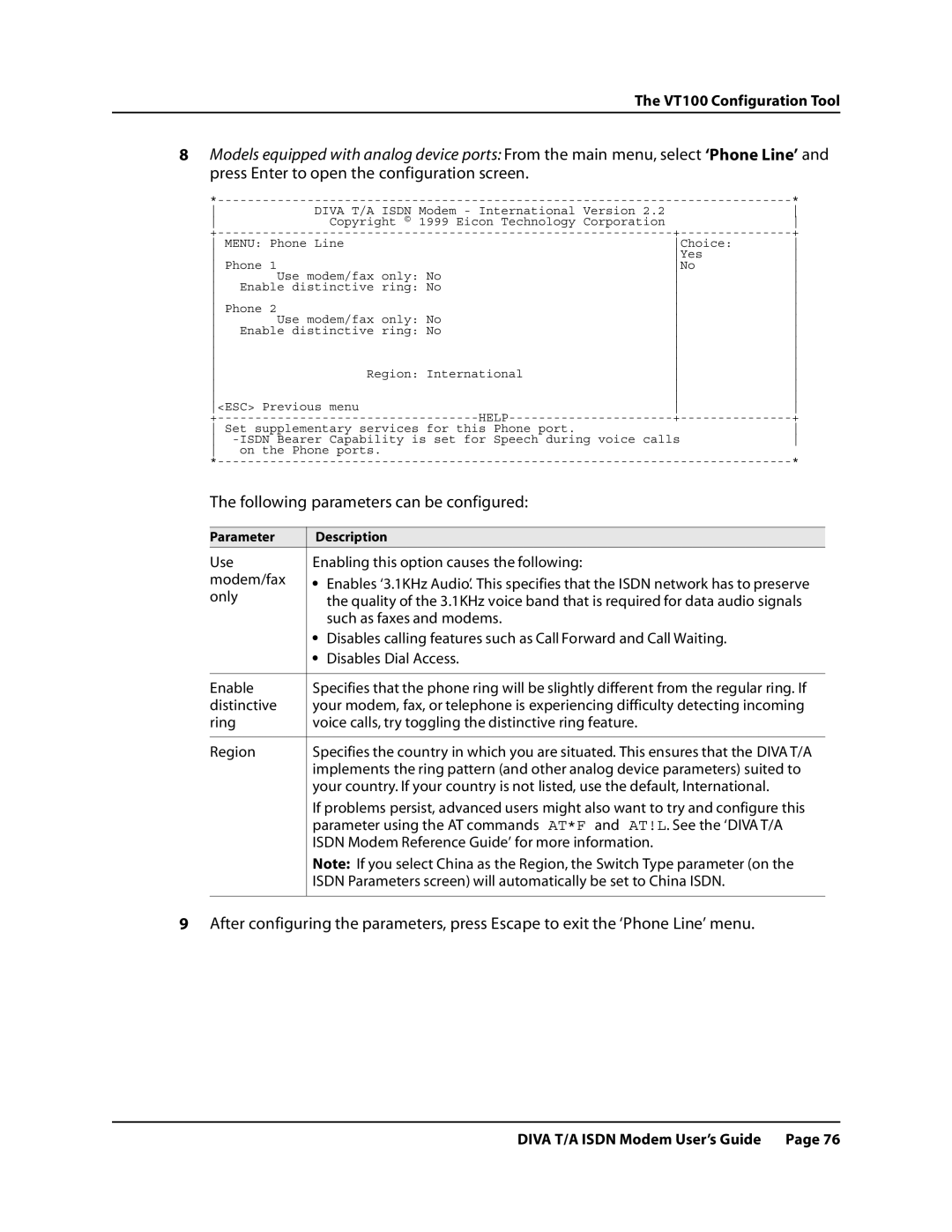 Eicon Networks DIVA T/A ISDN manual Following parameters can be configured 