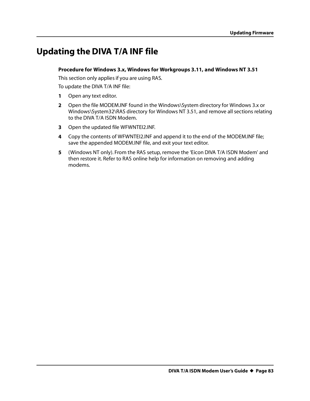 Eicon Networks DIVA T/A ISDN manual Updating the Diva T/A INF file 