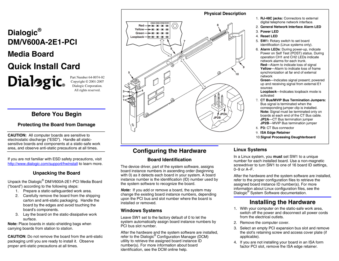 Eicon Networks 64-0074-02, DM/V600A-2E1-PCI manual Before You Begin, Configuring the Hardware, Installing the Hardware 