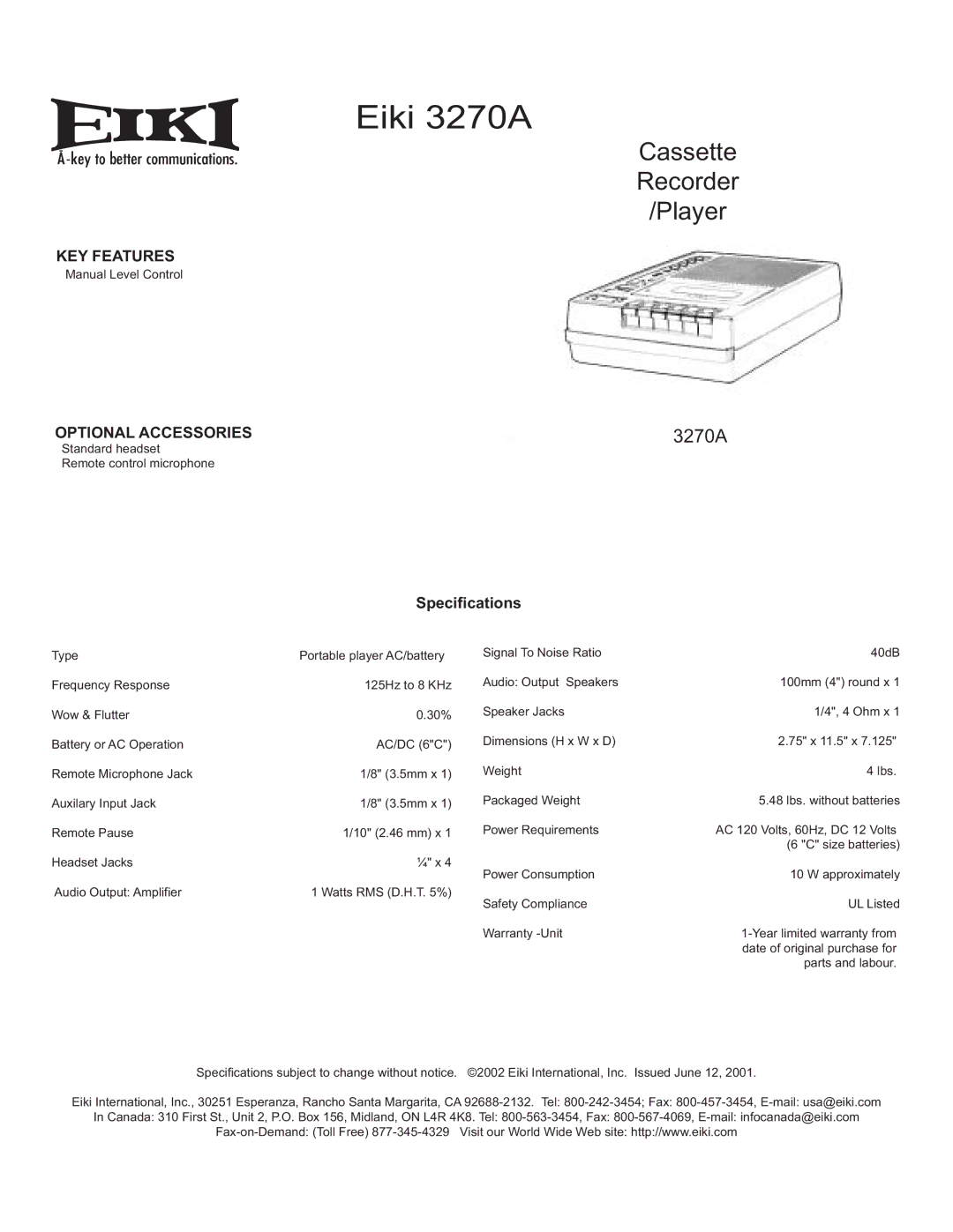 Eiki specifications Eiki 3270A, Cassette Recorder Player, Specifications 