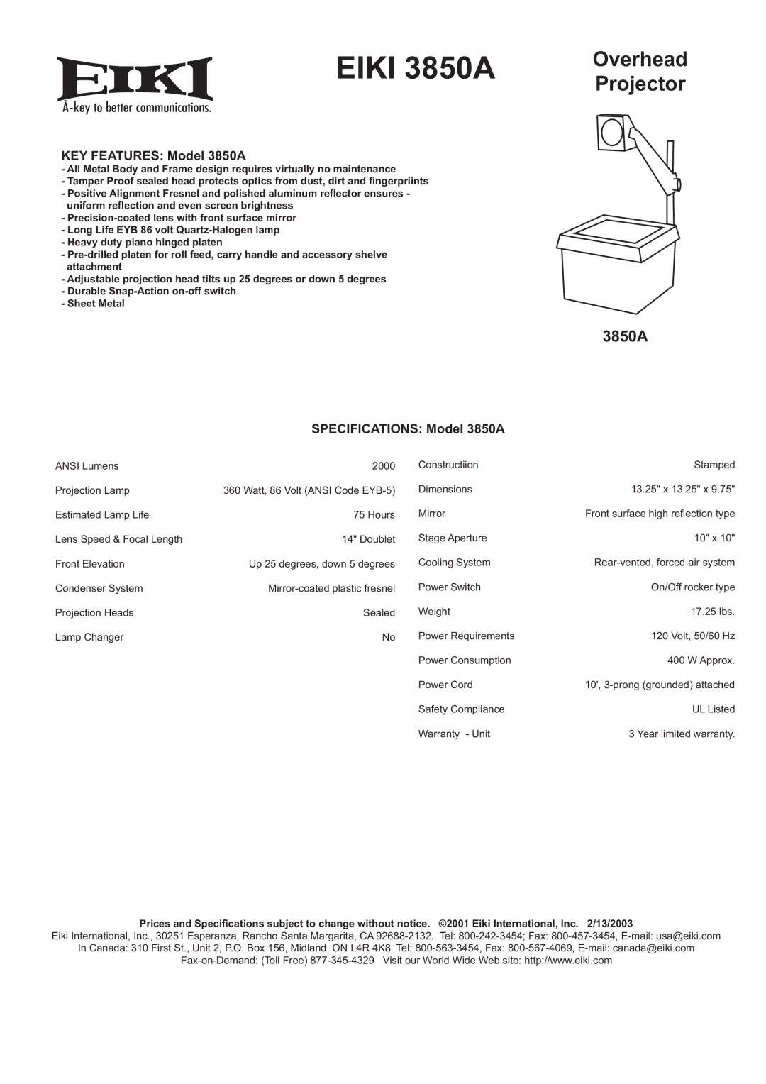 Eiki specifications Eiki 3850A, Overhead Projector, KEY Features Model 3850A, Specifications Model 3850A 