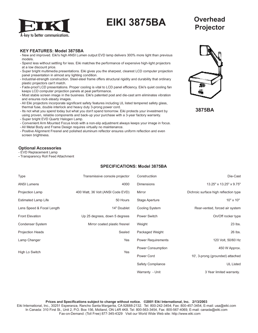 Eiki specifications Eiki 3875BA, Overhead Projector 