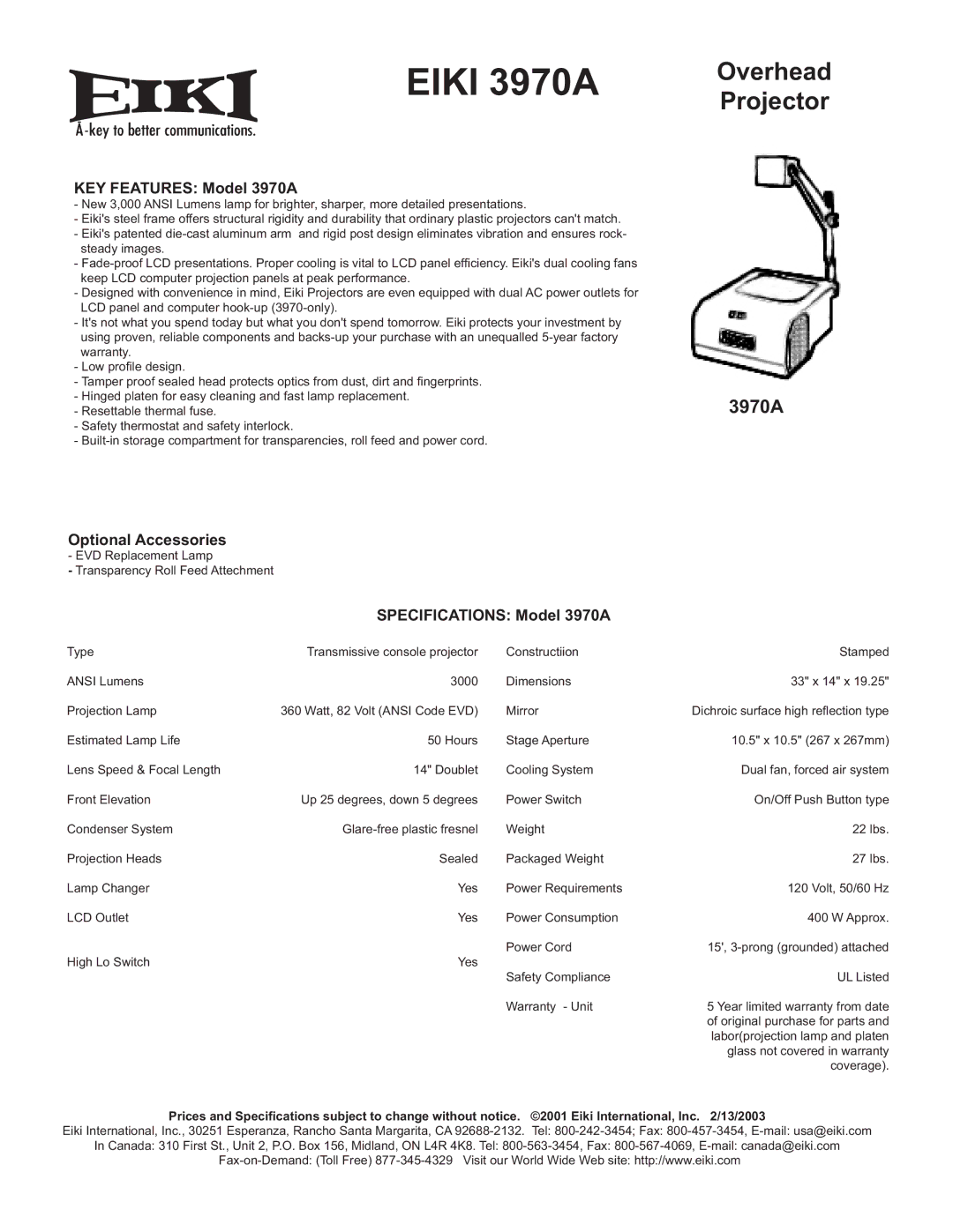 Eiki specifications Eiki 3970A, Overhead Projector 