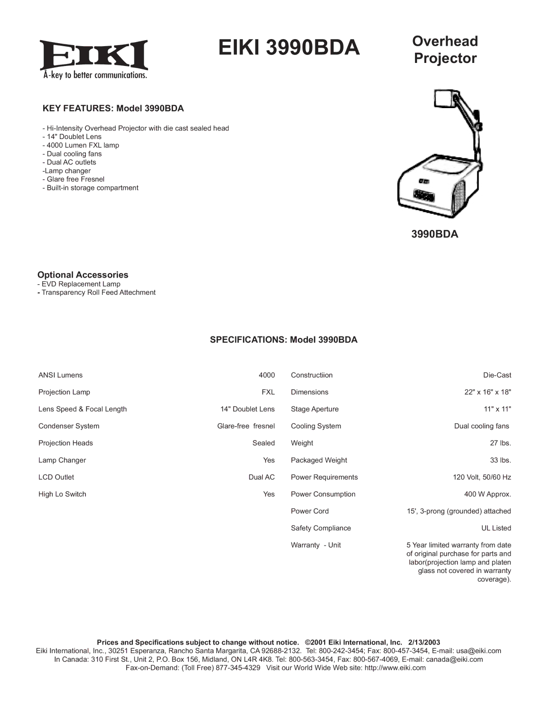 Eiki specifications Eiki 3990BDA, Overhead Projector 