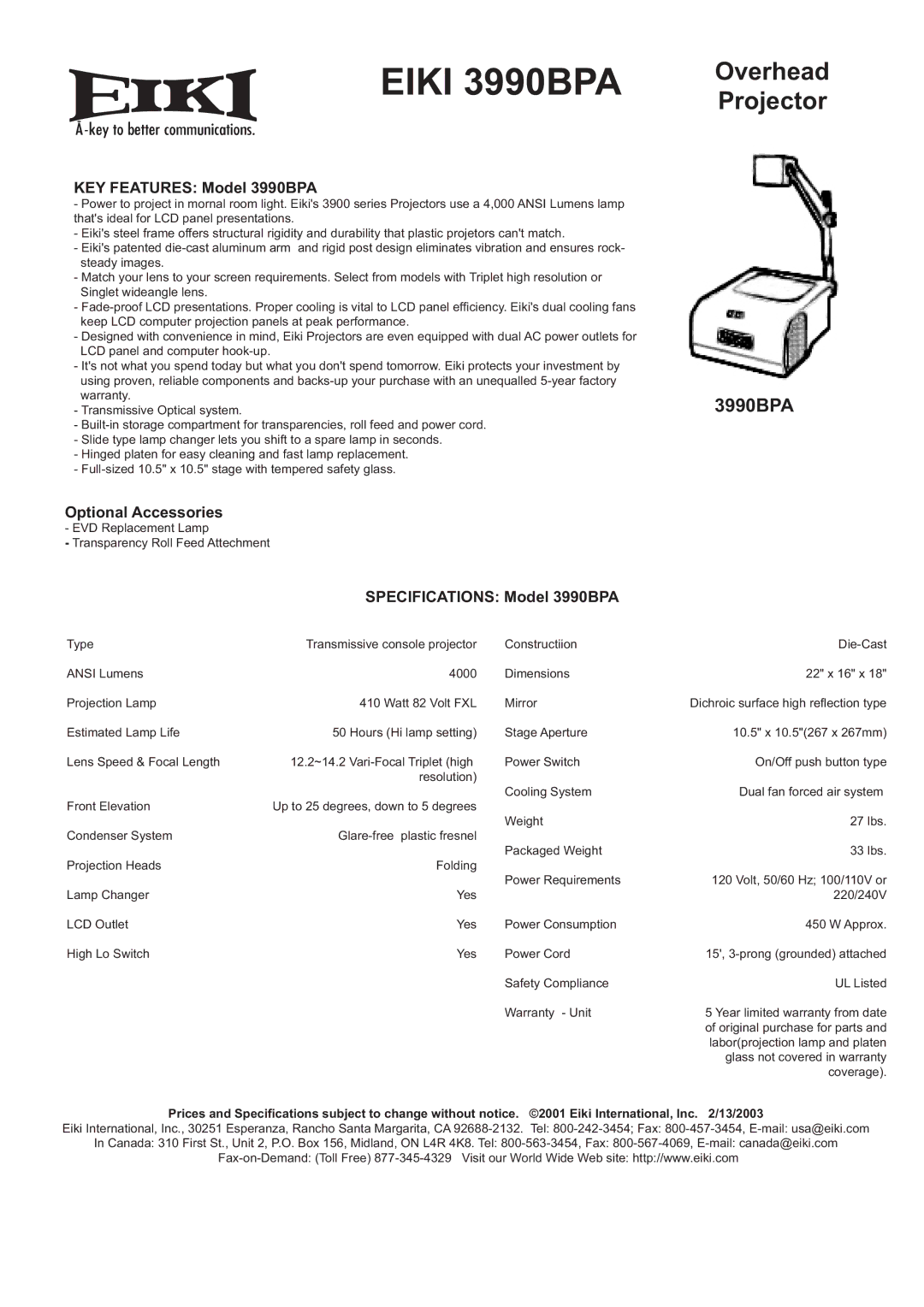 Eiki specifications Eiki 3990BPA, Overhead Projector 