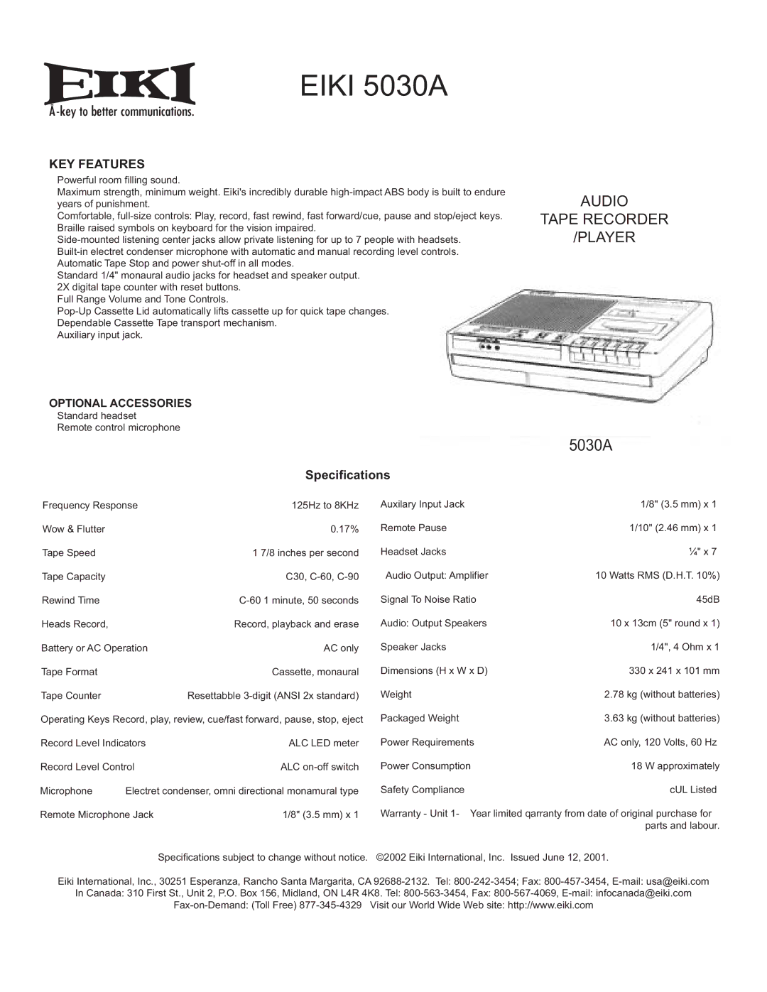 Eiki specifications Eiki 5030A, KEY Features, Specifications 