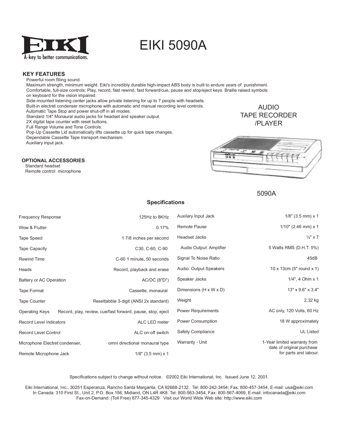 Eiki specifications Eiki 5090A, Specifications 