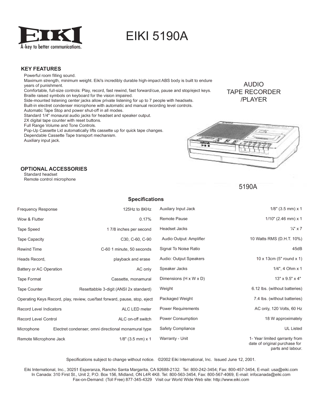 Eiki specifications Eiki 5190A, KEY Features, Optional Accessories 