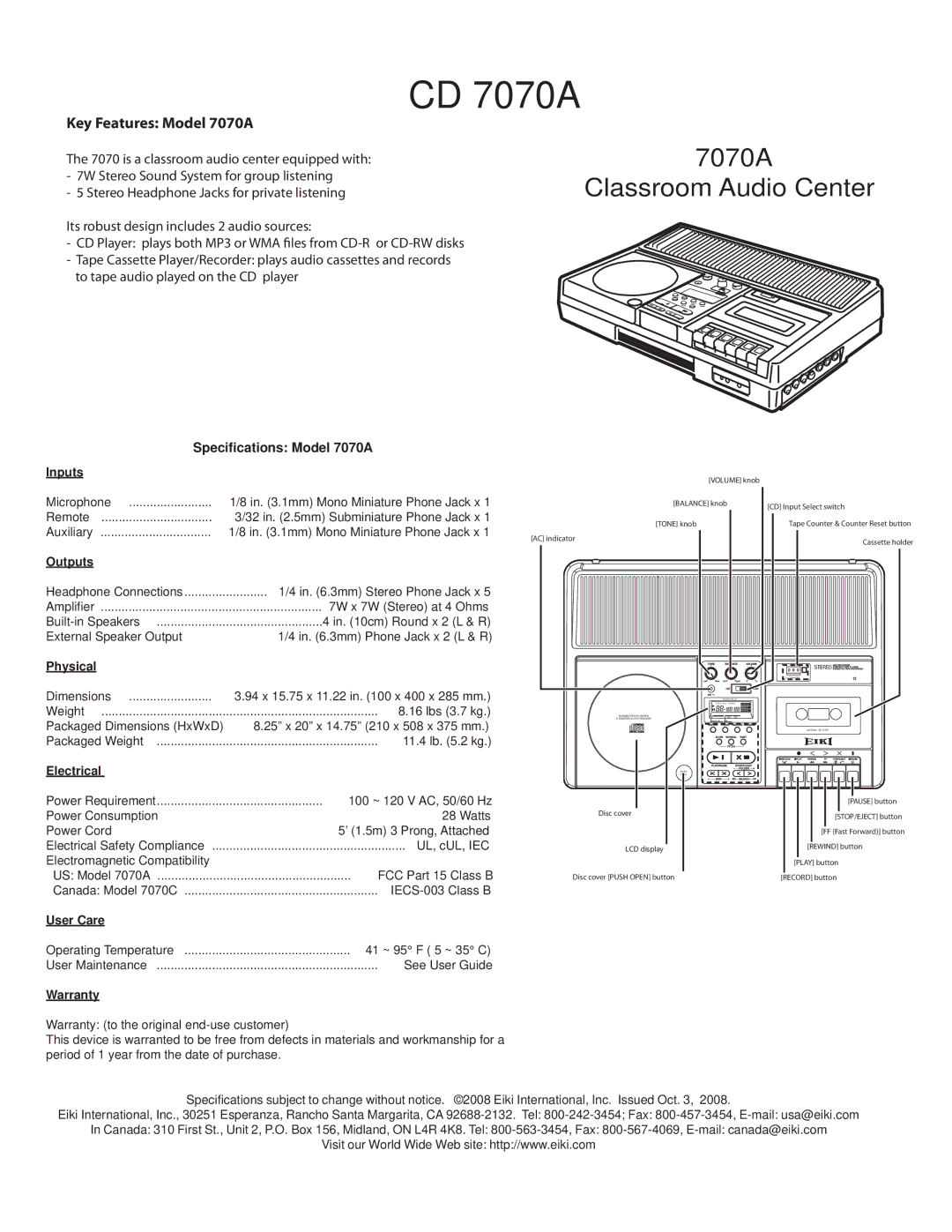 Eiki specifications CD 7070A, 7070A Classroom Audio Center, Key Features Model 7070A 