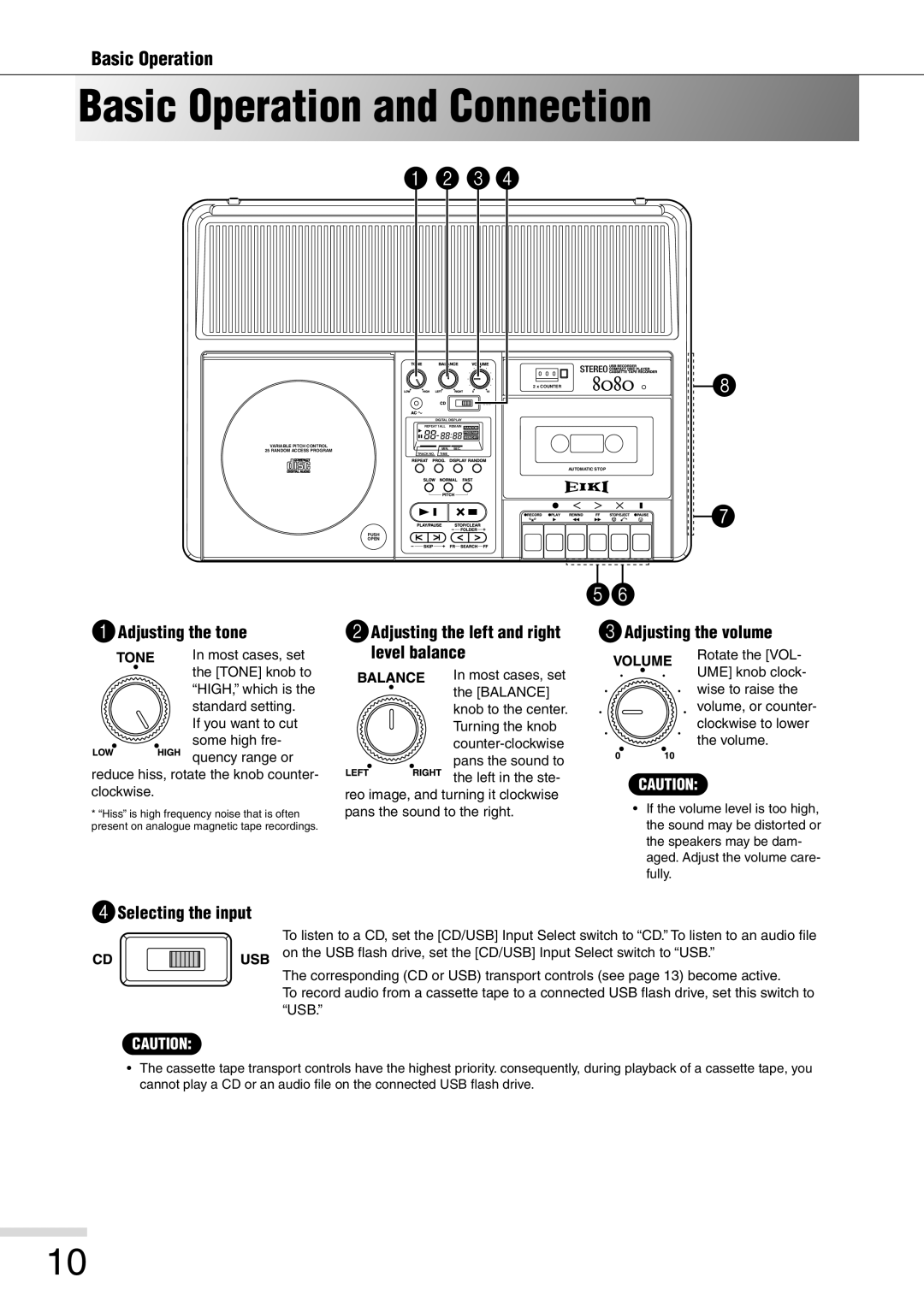 Eiki 8080 owner manual Basic Operation and Connection, Adjusting the tone, Adjusting the left and right level balance 