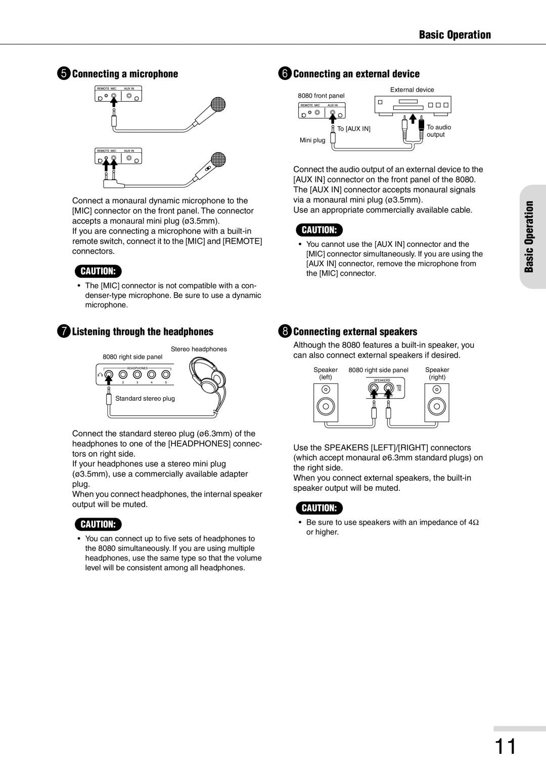 Eiki 8080 owner manual 5Connecting a microphone 6Connecting an external device, Listening through the headphones 