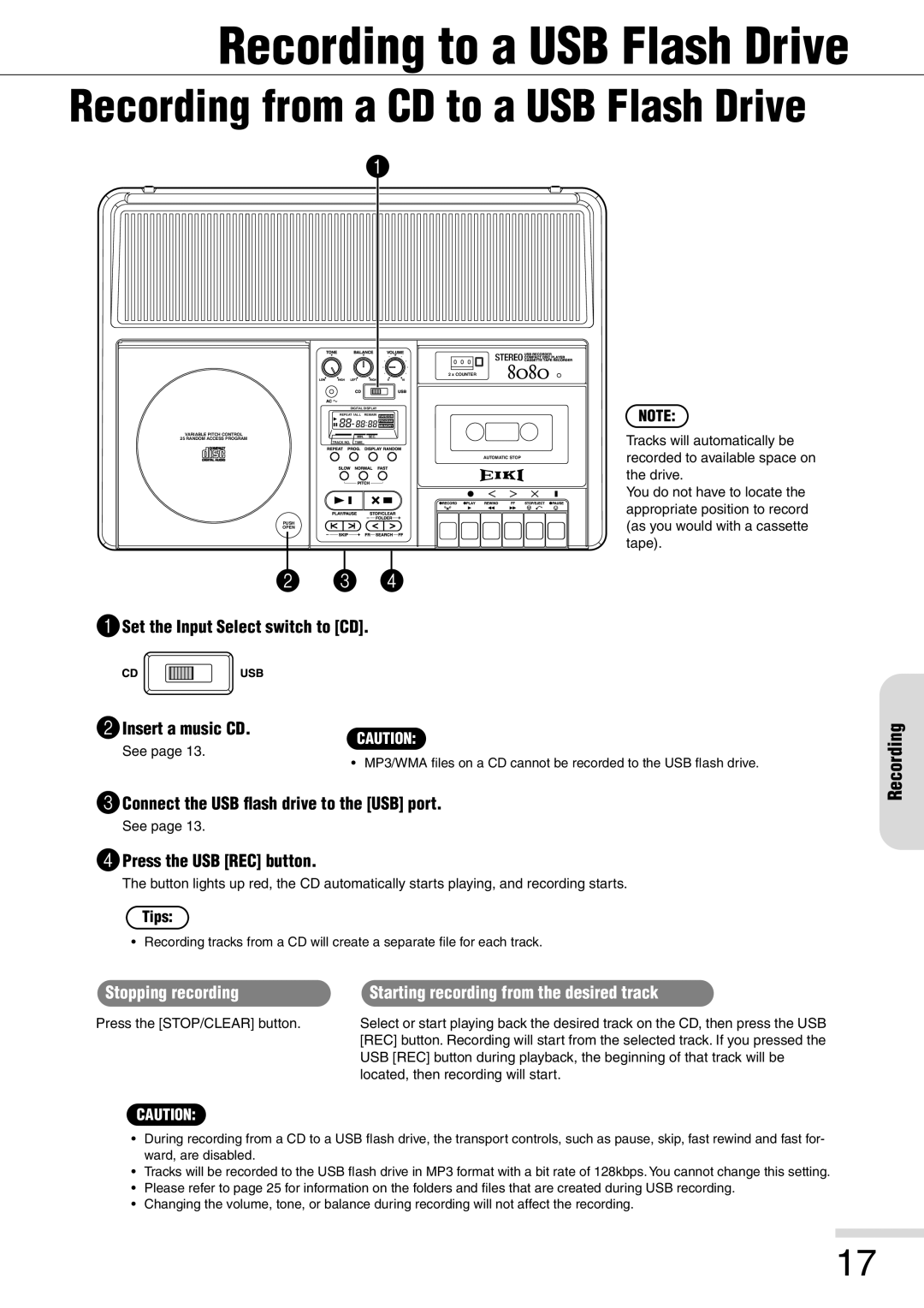 Eiki 8080 Recording to a USB Flash Drive, Set the Input Select switch to CD 2Insert a music CD, Press the USB REC button 