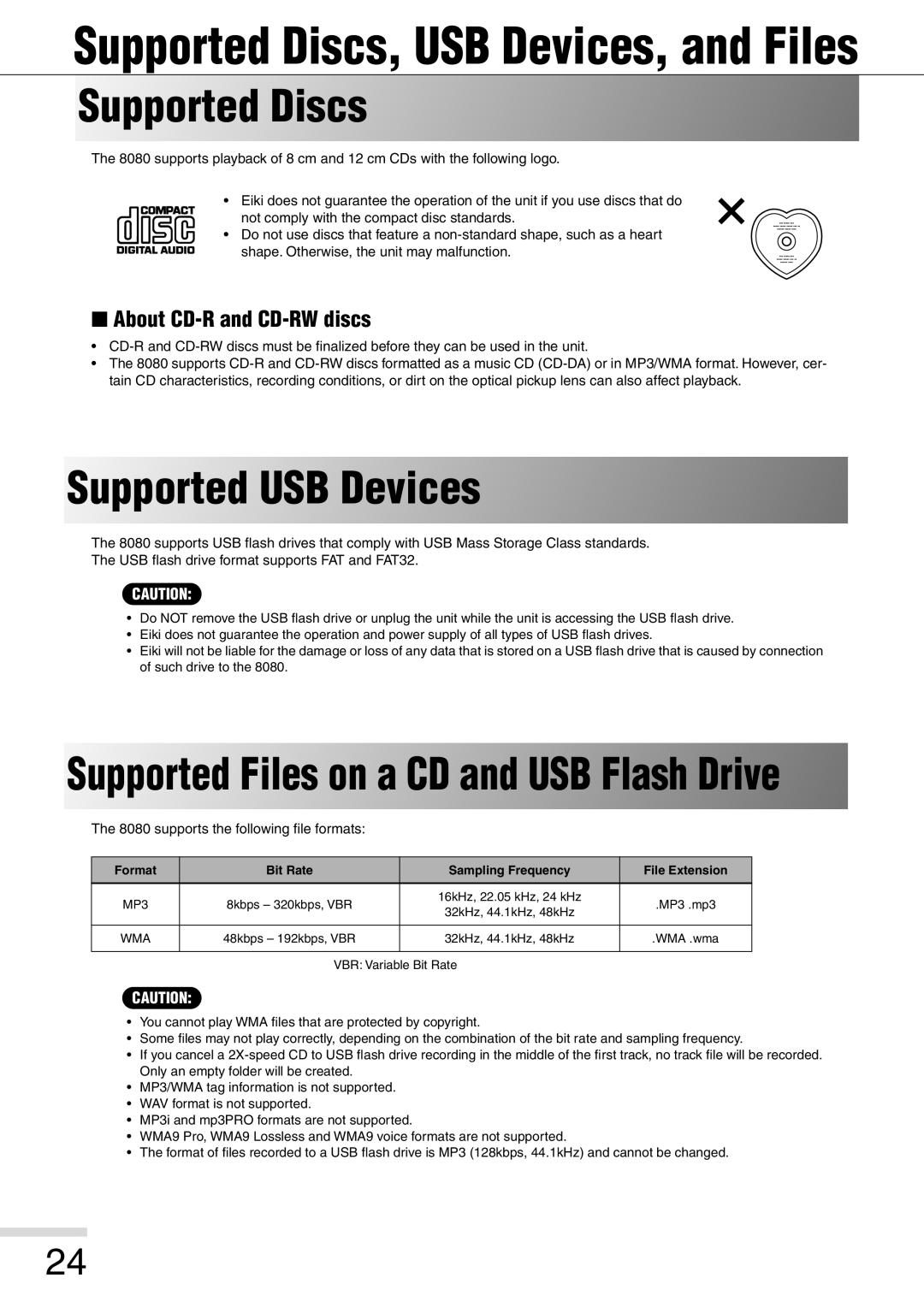 Eiki 8080 owner manual Supported Discs, USB Devices, and Files, Supported USB Devices, About CD-R and CD-RW discs 